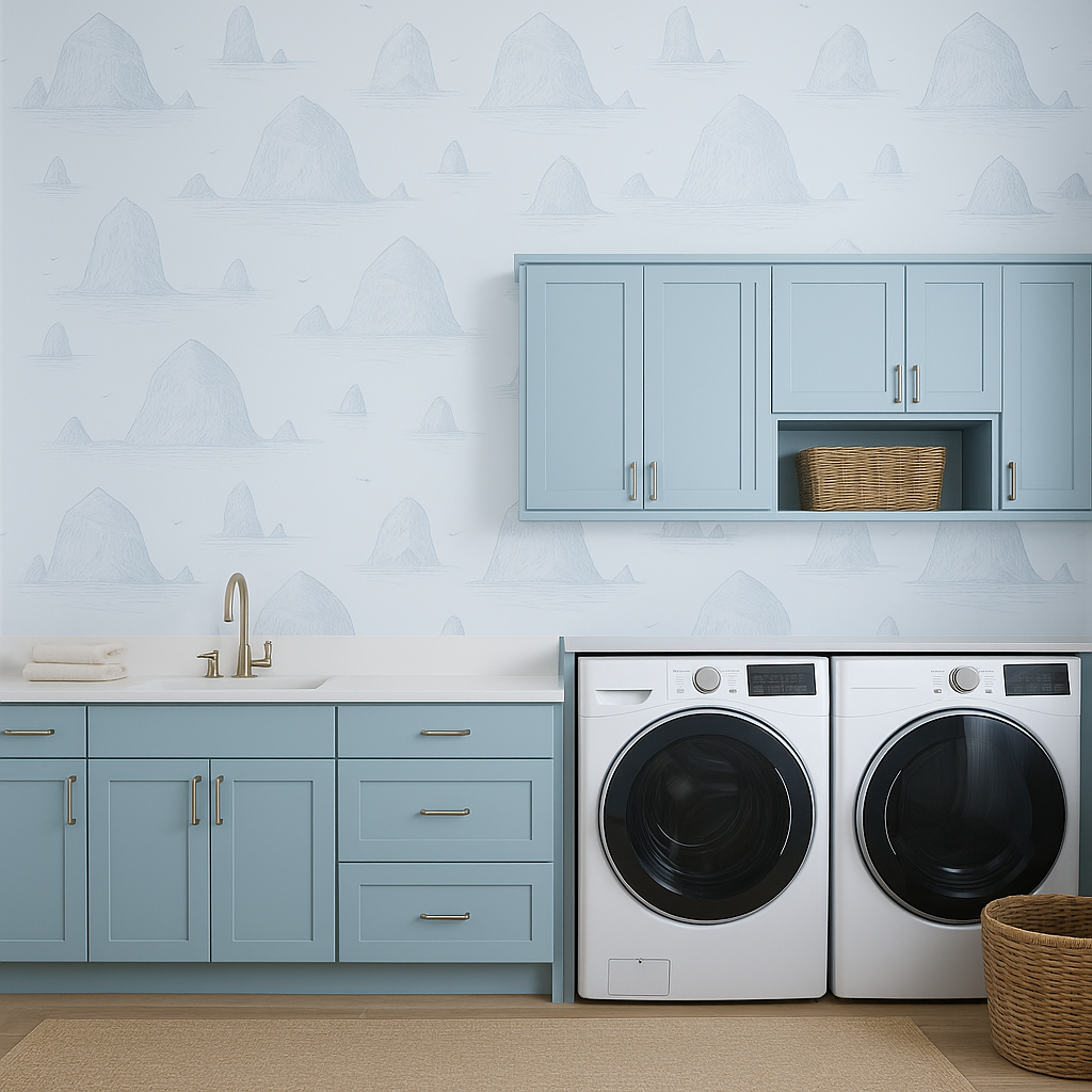Haystack Rock wallpaper with blue and white island pattern on a light blue background.