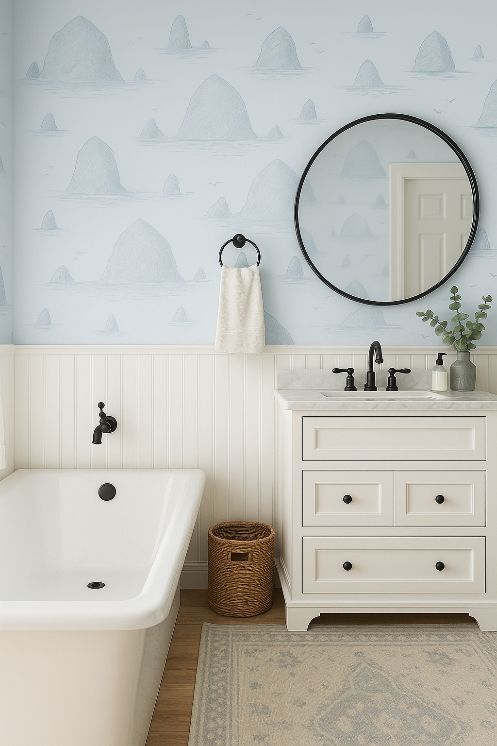 Blue Haystack Rock Wallpaper from RoomMates featuring mountain drawings on a light blue background.
