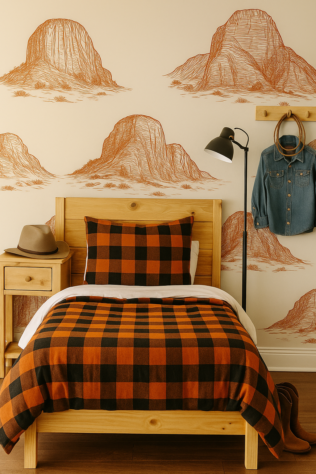 Zion Hike wallpaper with a beige background and orange mountain range pattern.