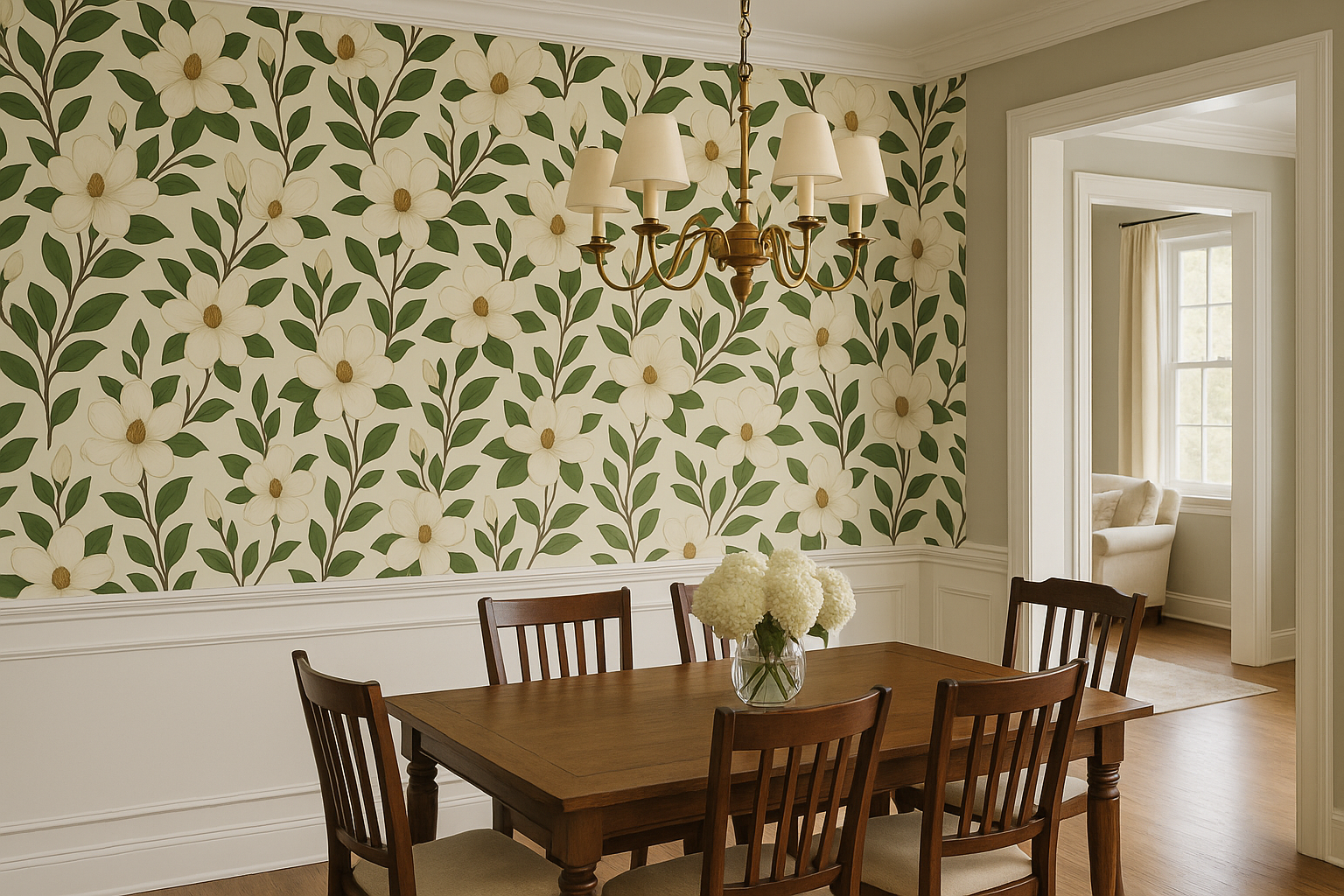 Southern magnolia wallpaper with a cream backdrop and green leaves, featuring a floral pattern.