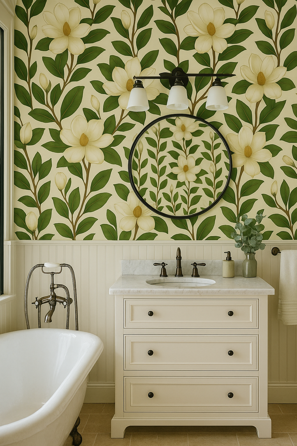 Southern magnolia wallpaper with green leaves and white flowers, featuring a black round mirror.
