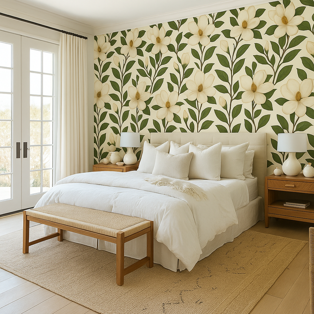 Southern Magnolia wallpaper with a floral pattern on a bedroom wall.