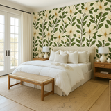 Southern Magnolia wallpaper with a floral pattern on a bedroom wall.