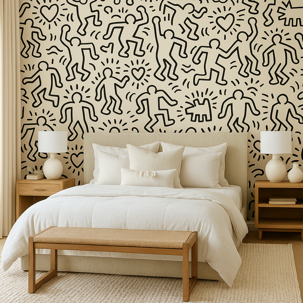 Haring Playhouse Wallpaper with cartoon people pattern on bedroom wall.
