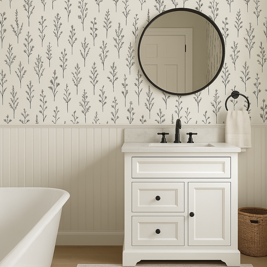 Botanical linework wallpaper with delicate floral pattern over a light neutral background.