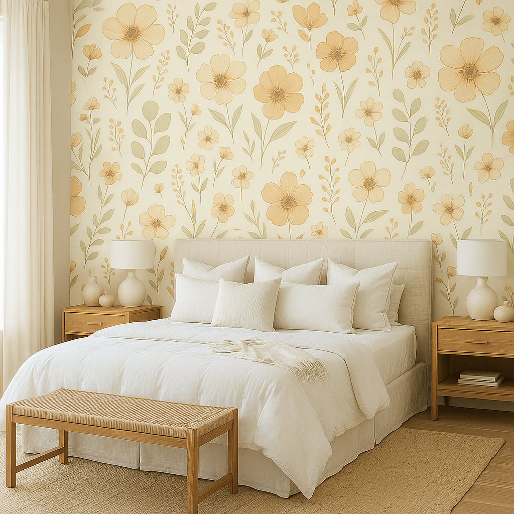Floral wallpaper featuring yellow flowers and green foliage on a cream background.
