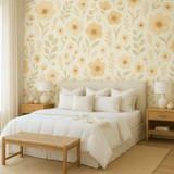 Floral wallpaper featuring yellow flowers and green foliage on a cream background.
