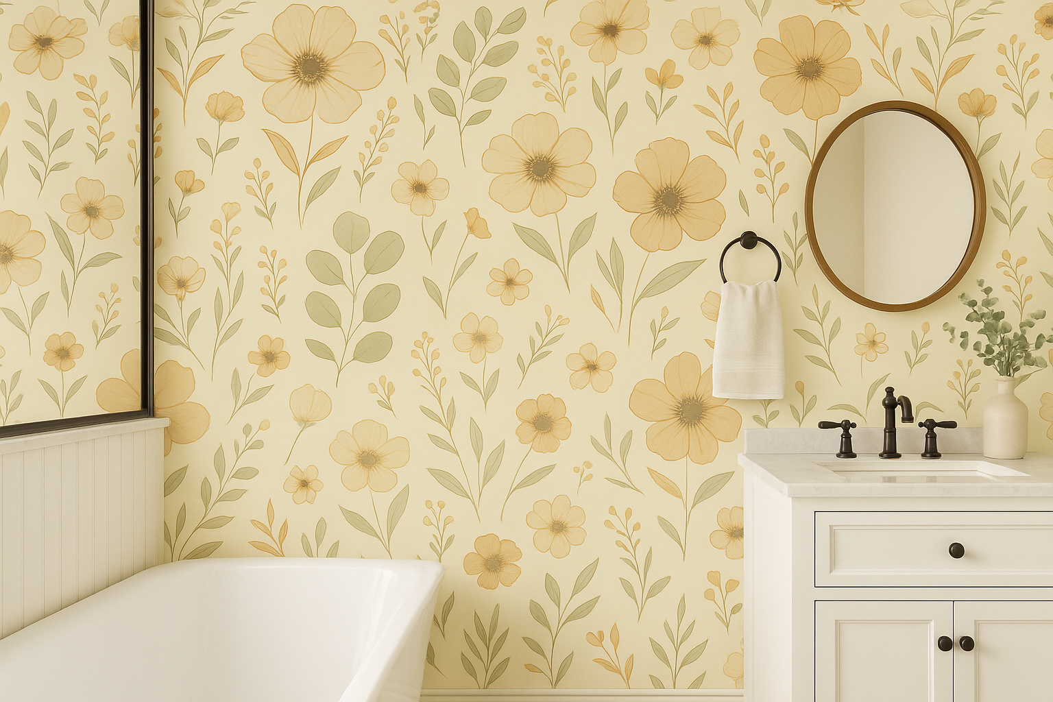 Floral wildflower wallpaper in yellow, featuring a botanical pattern and a vintage style.