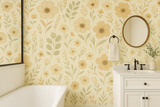 Floral wildflower wallpaper in yellow, featuring a botanical pattern and a vintage style.