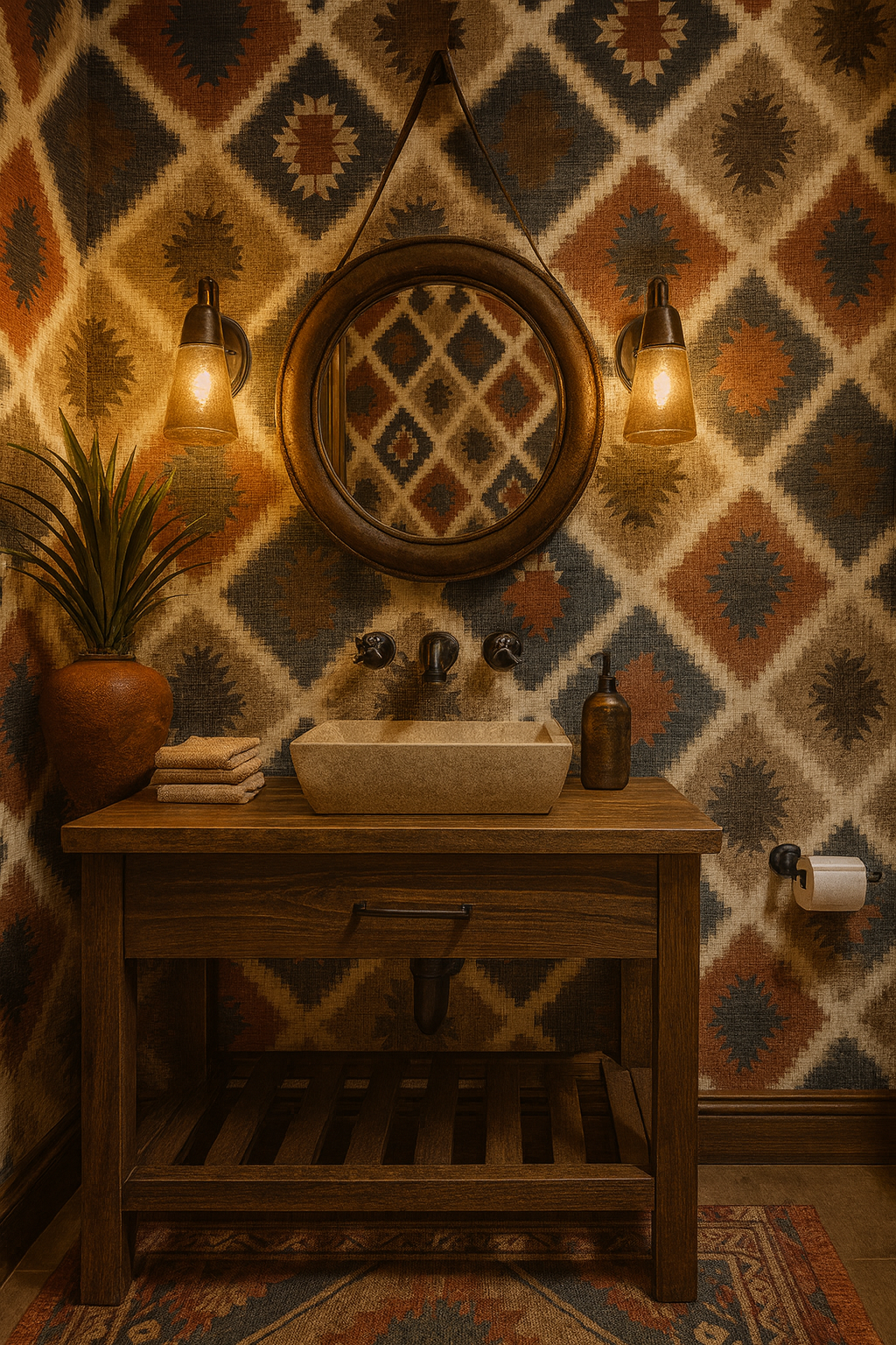 Red Rock Tapestry Wallpaper with a diamond pattern, shown in a warm-toned bathroom setting.
