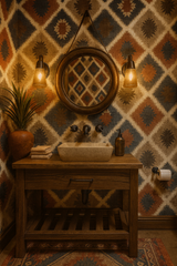 Red Rock Tapestry Wallpaper with a diamond pattern, shown in a warm-toned bathroom setting.
