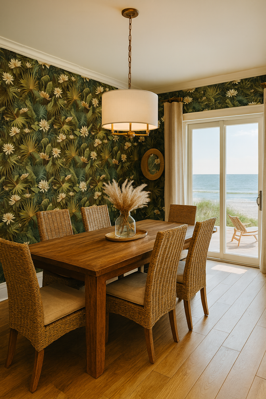 Botanical Cypress Veil Wallpaper with floral accents, featuring a tropical pattern and lush greenery.
