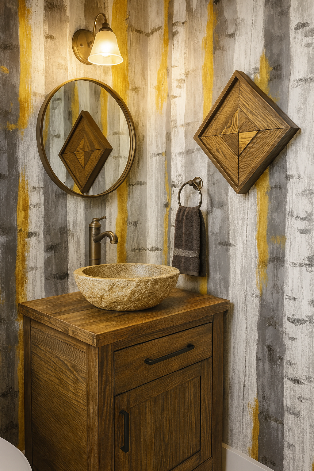 Birch & Brass wallpaper featuring gray and yellow vertical stripes pattern.
