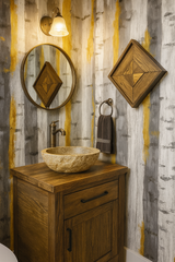 Birch & Brass wallpaper featuring gray and yellow vertical stripes pattern.
