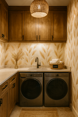 Desert reed wallpaper with a wheat pattern on a wall, showing wooden cabinets and a sink.
