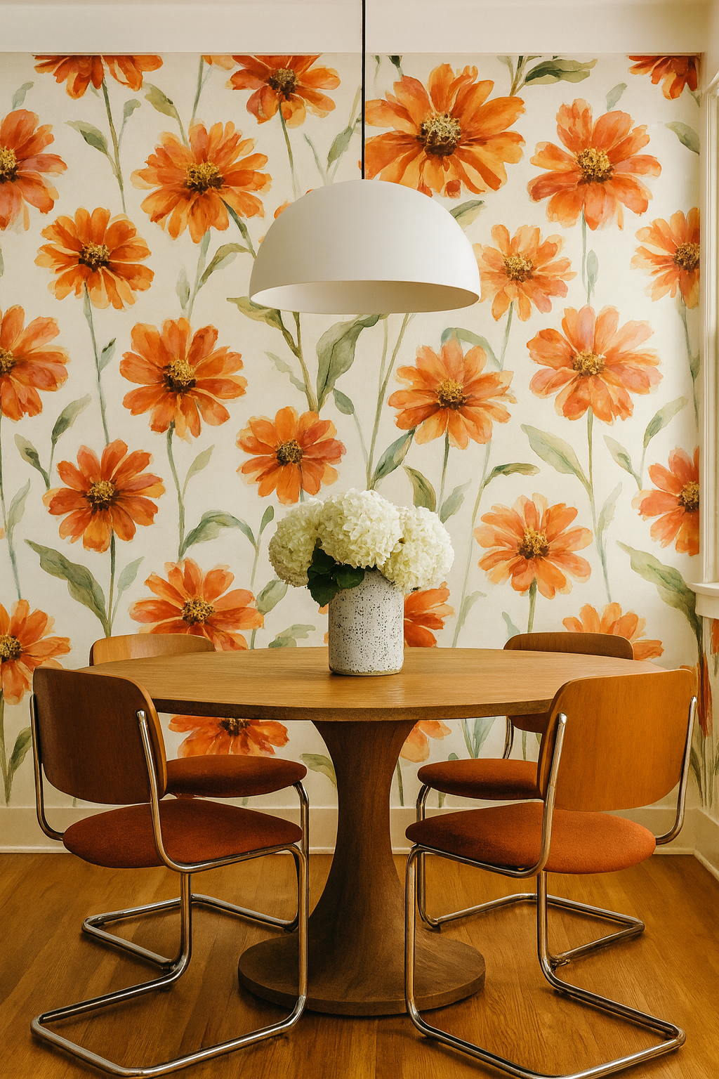 Sun-Kissed Tithonia Wallpaper featuring an orange floral pattern, covering a wall above a round wooden table with chairs.
