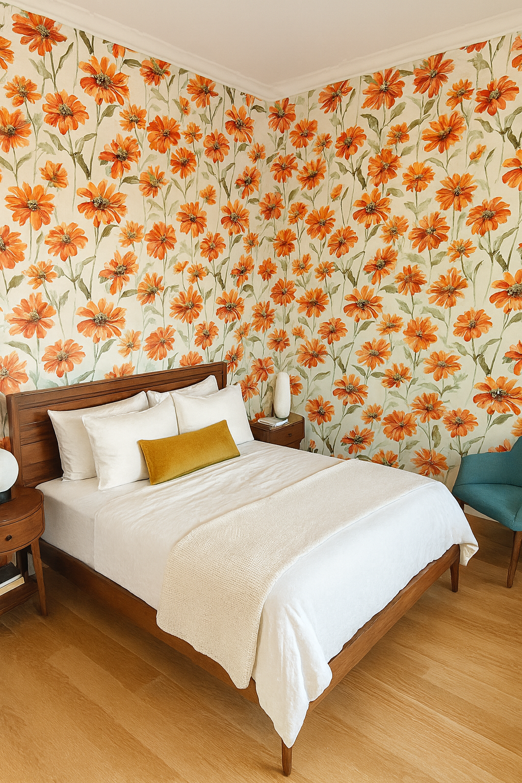 Sun-Kissed Tithonia wallpaper with orange flower pattern, covering bedroom walls in a bright, warm design.