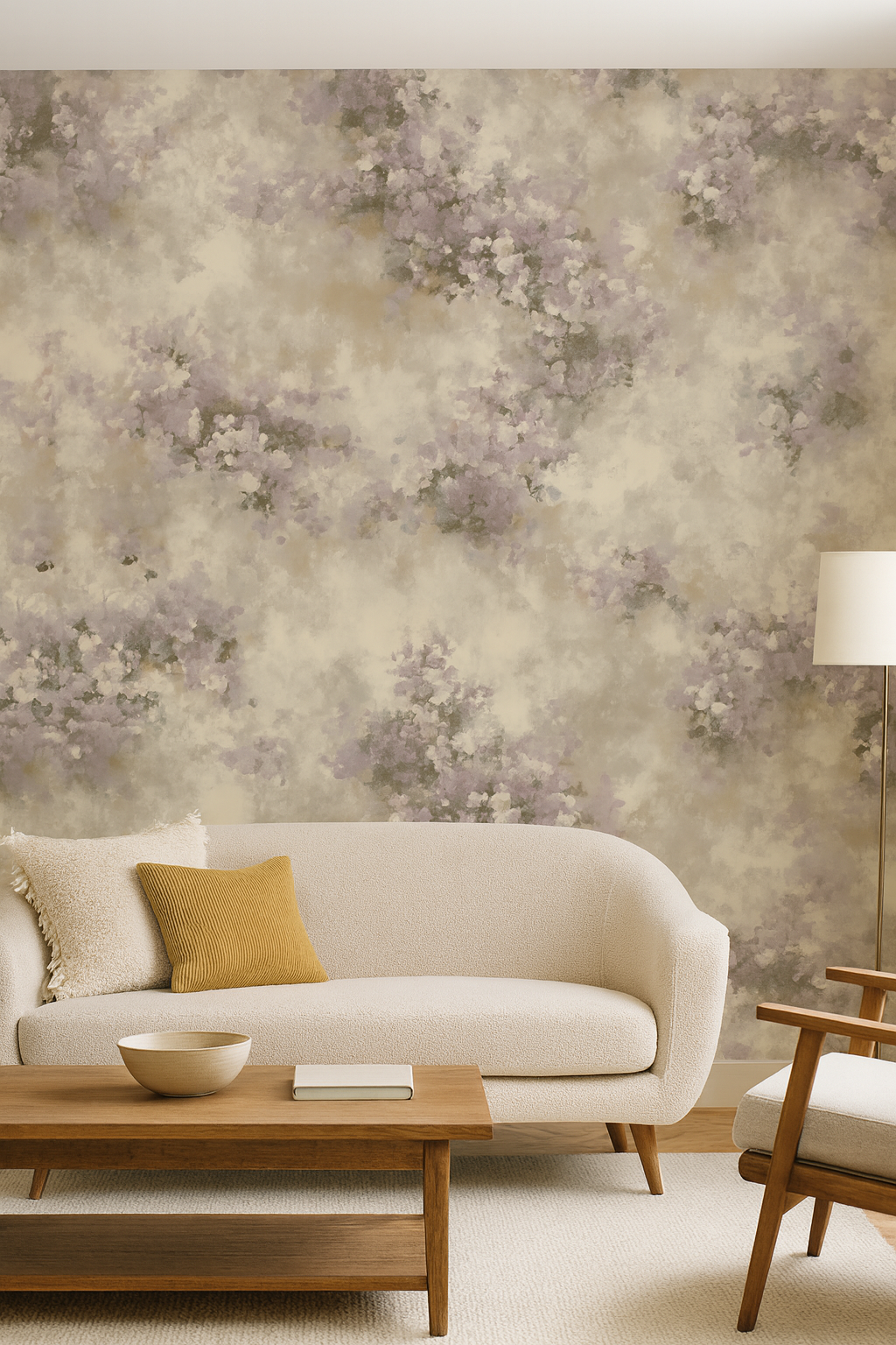 Sagebrush Mist wallpaper with floral motif, patterned with purple and tan tones.