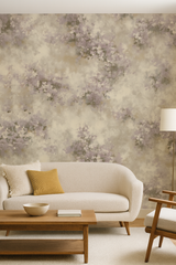 Sagebrush Mist wallpaper with floral motif, patterned with purple and tan tones.