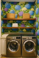 Hydrangea Jubilee Wallpaper with blue and purple floral pattern.
