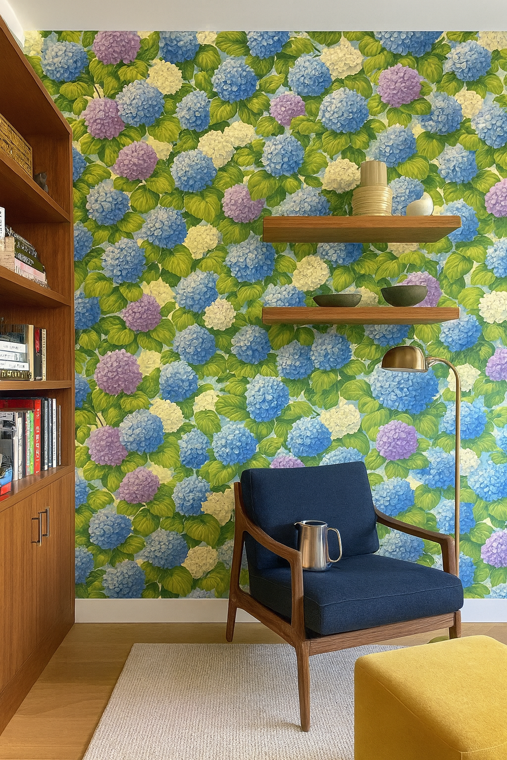 Floral wallpaper with hydrangea design, featuring blue, purple, and white blossoms.
