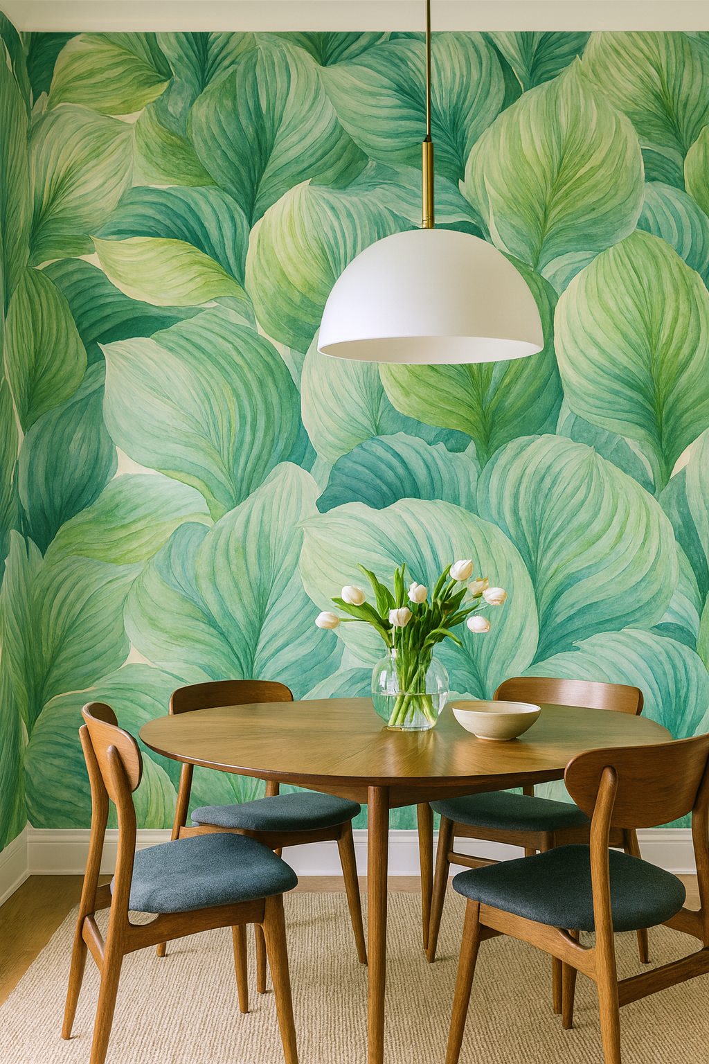 Green Hosta Hush Wallpaper with large leafy pattern, covering the wall in a dining area.
