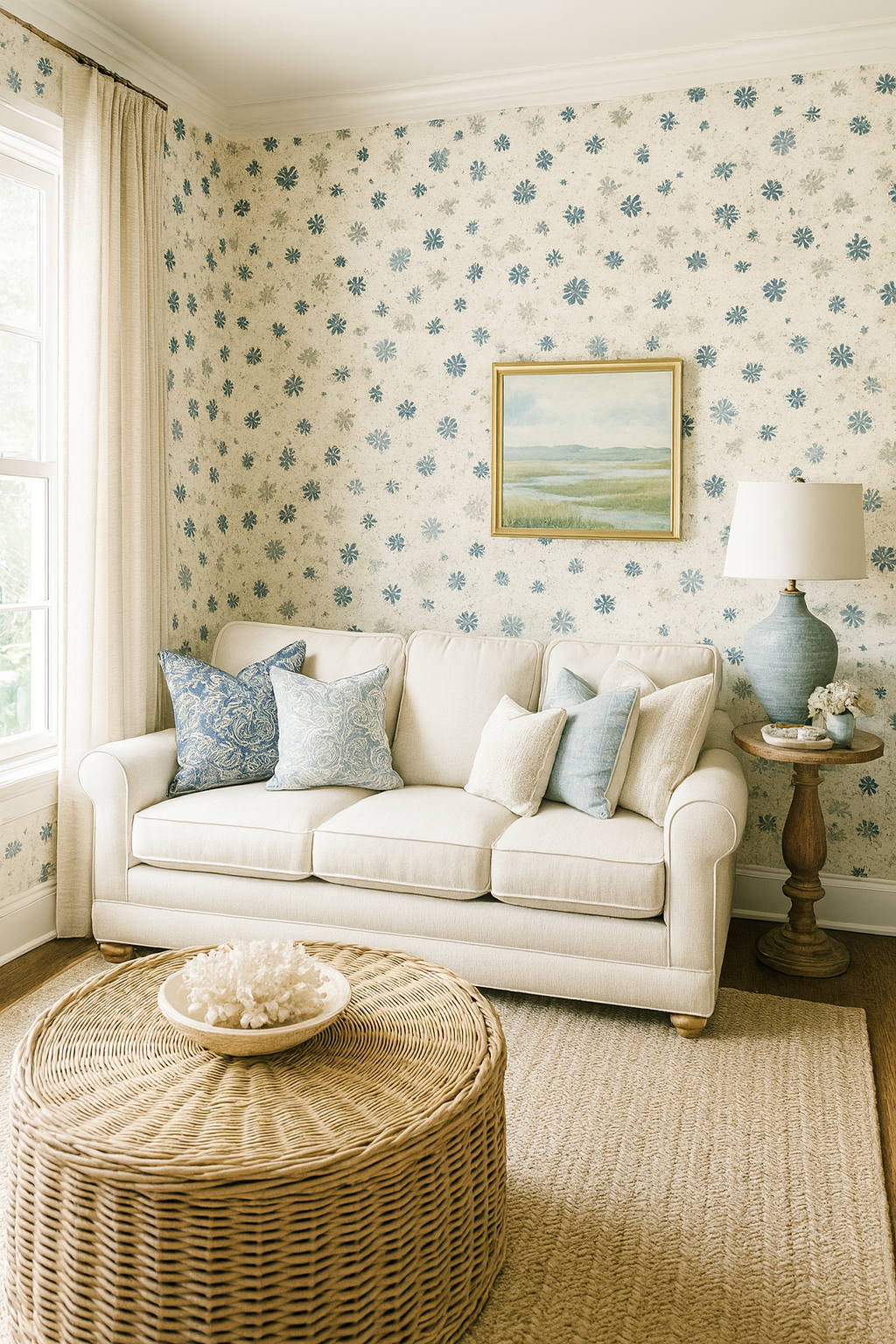 Floral confetti wallpaper with blue petal pattern on cream background.
