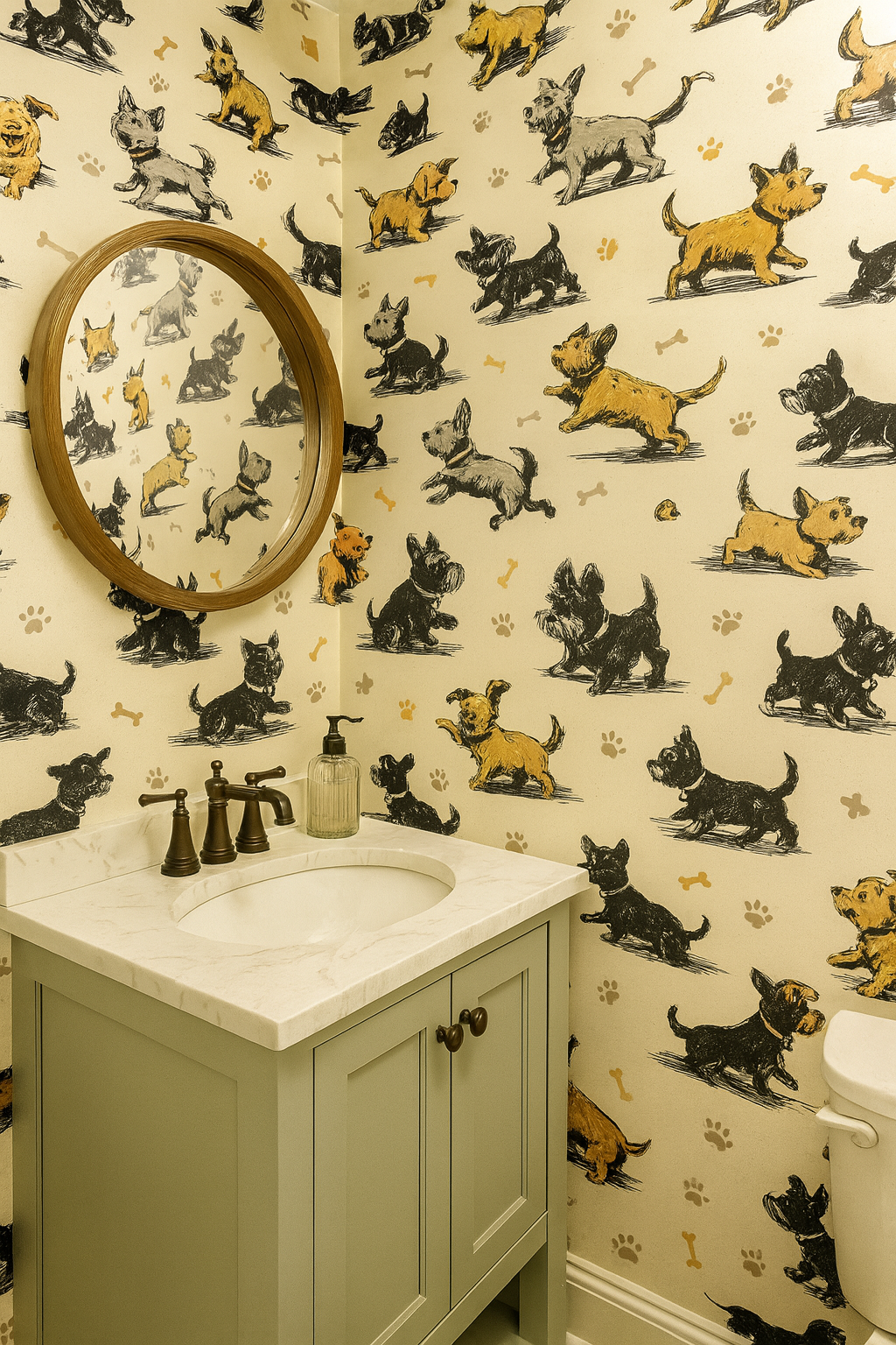 Terrier Tango Wallpaper with dog patterns and bones, paw prints, set in bathroom with vanity and round mirror.
