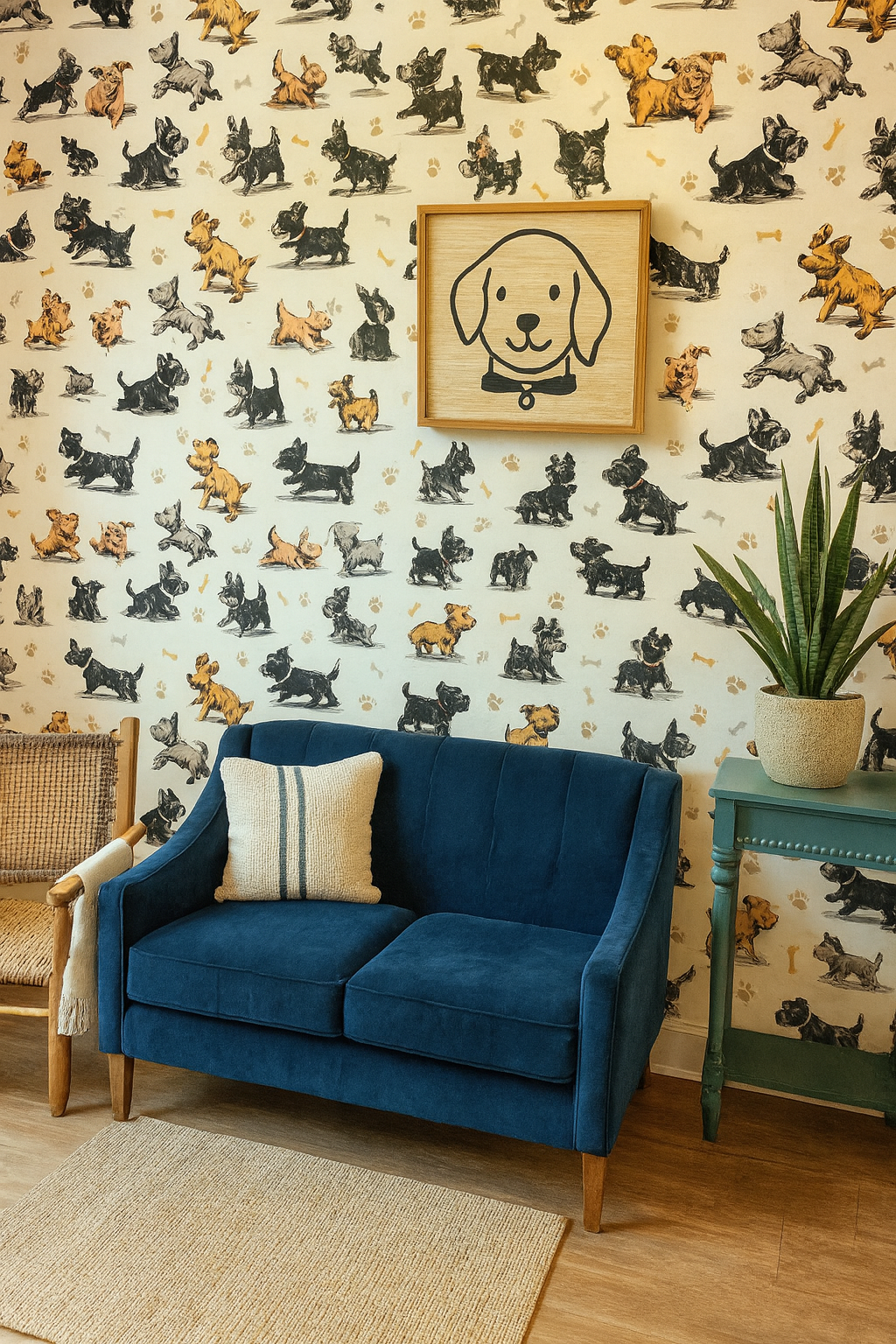 Dog-patterned Terrier Tango Wallpaper with bone accents, covering an interior wall above a blue loveseat and potted plant.