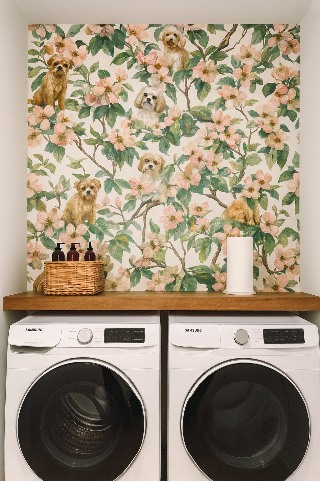 Blossom Scouts Wallpaper with a botanical pattern featuring dogs, against a light cream background.