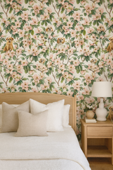 Blossom Scouts wallpaper with dog pattern, featuring pink flowers and green leaves.
