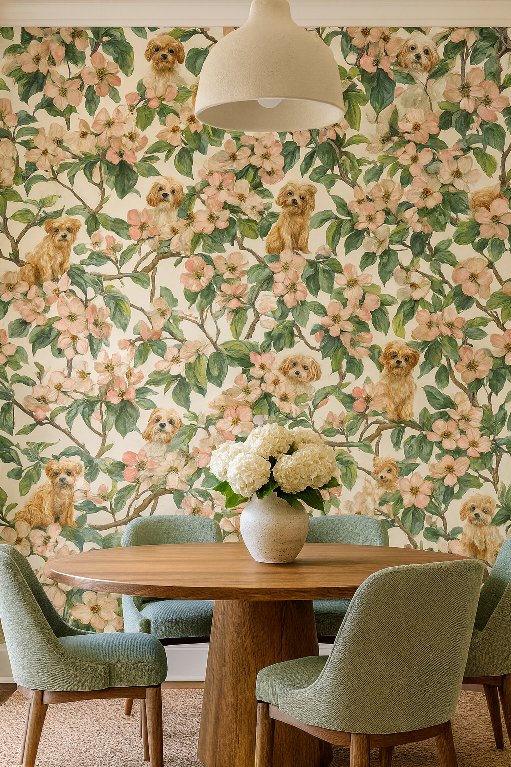 Blossom Scouts Wallpaper with a dog and floral pattern.
