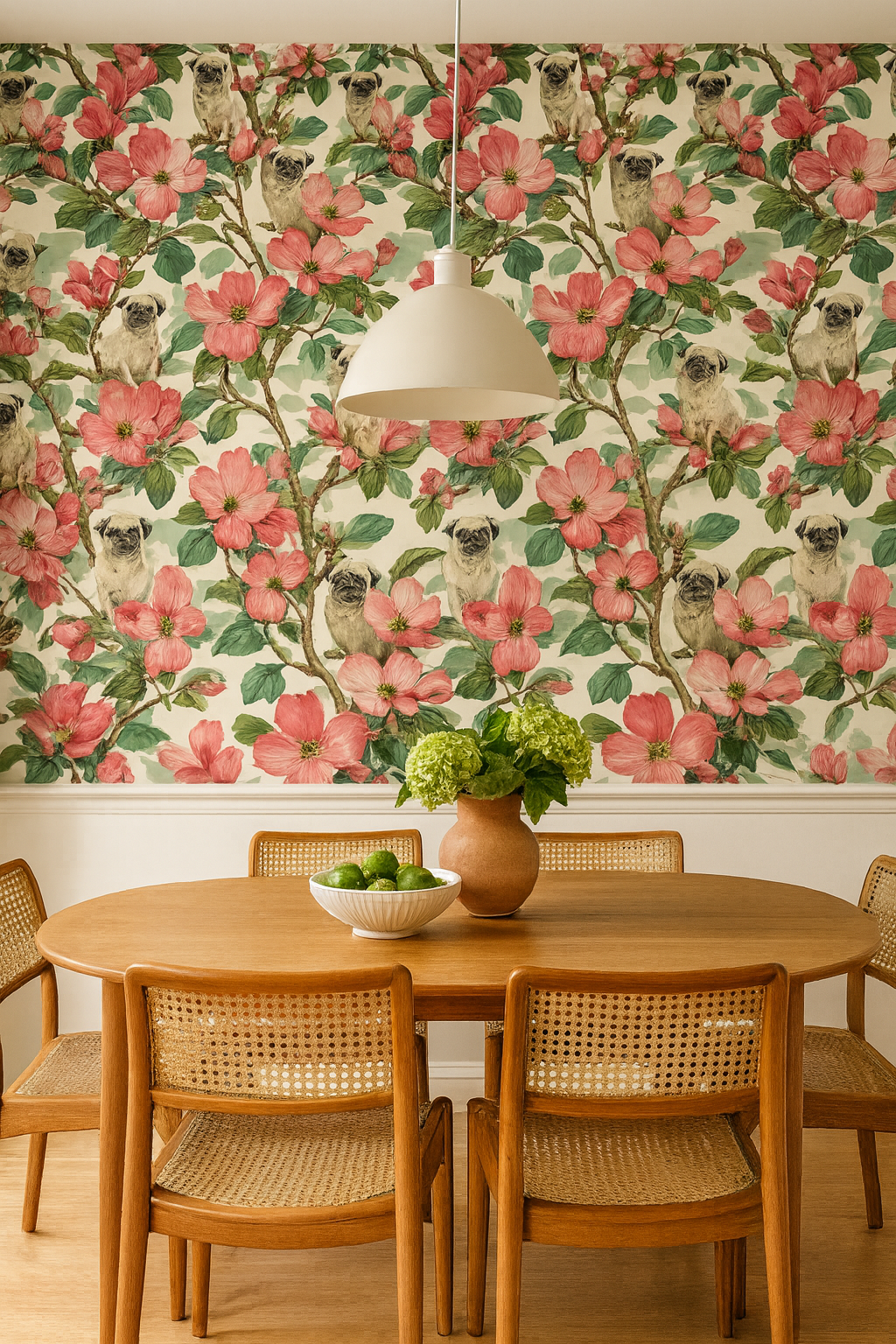 Pug Parade in Petal Grove Wallpaper with floral and pug pattern on a neutral background.