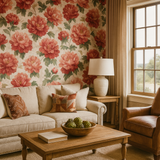 Peony Rhapsody Wallpaper with red floral pattern on a cream background.