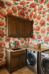 Floral peony rhapsody wallpaper with red and green flower pattern on a textured white background.