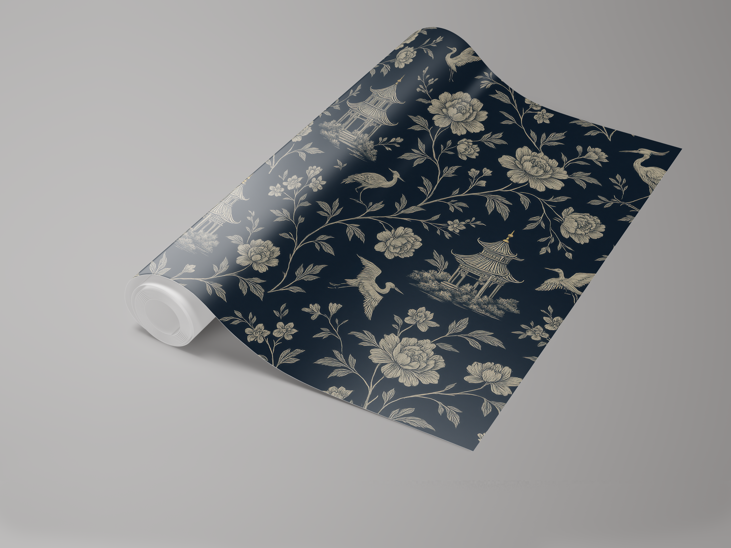 Rolled chinoiserie midnight wallpaper with floral and pagoda pattern on dark blue background.