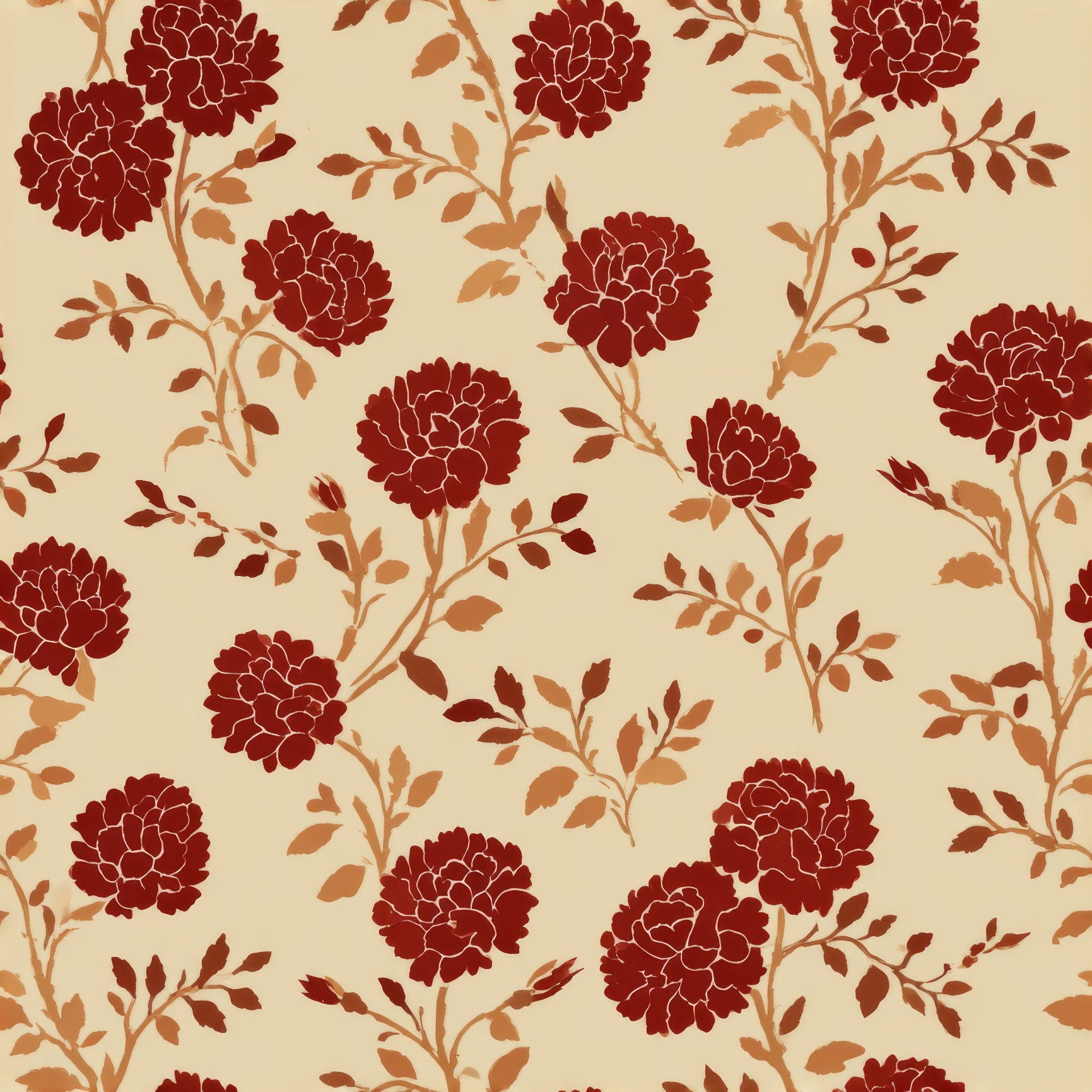 Floral carnations wallpaper in red and beige with branching stems and leaves.