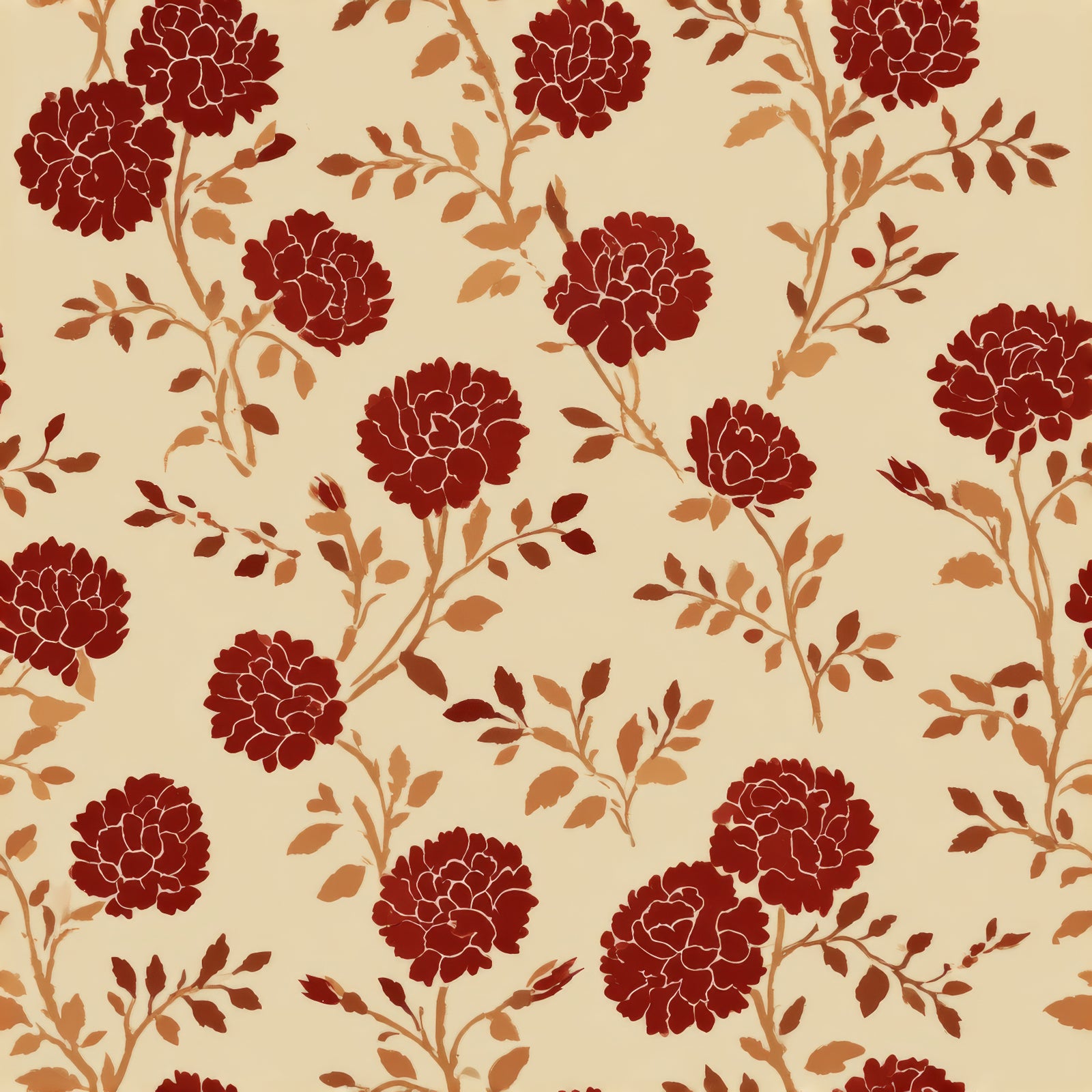 Floral carnations wallpaper in red and beige with branching stems and leaves.