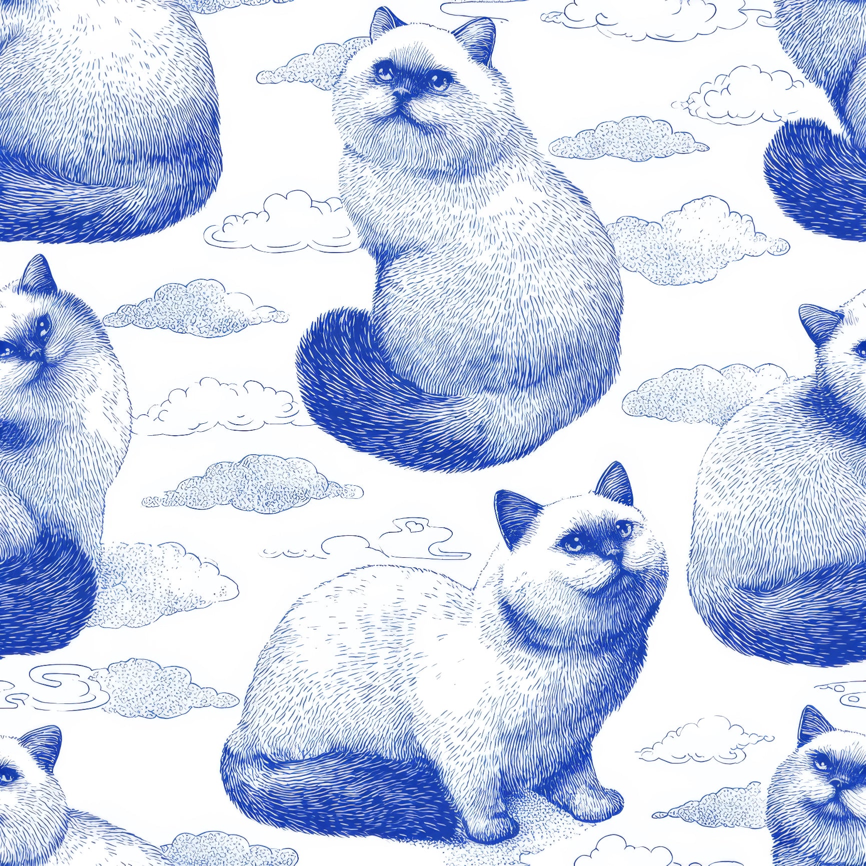 Blue and white wallpaper with a pattern of Persian cats and clouds.
