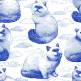 Blue and white wallpaper with a pattern of Persian cats and clouds.
