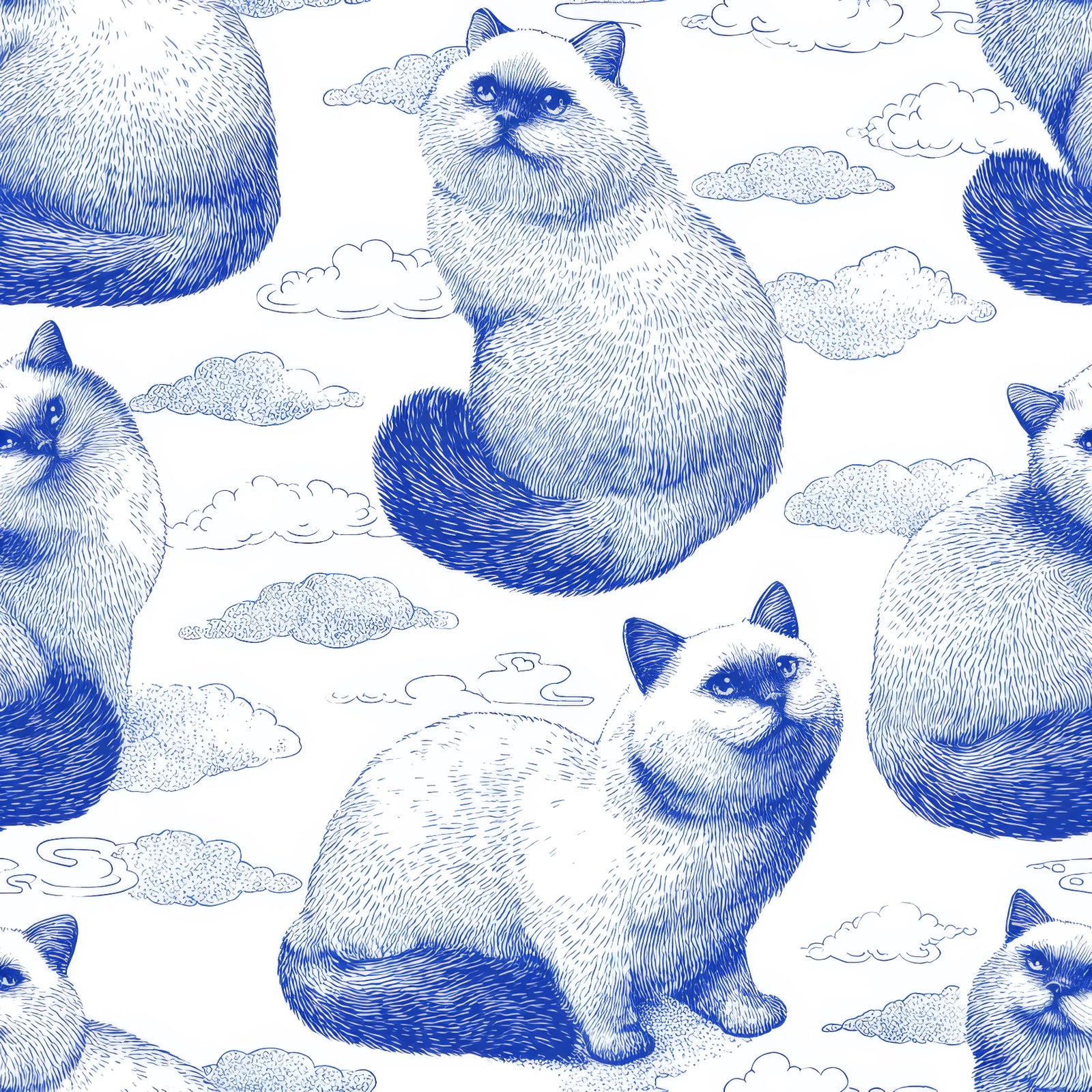 Blue and white wallpaper with a pattern of Persian cats and clouds.
