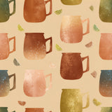 Mule Market Wallpaper with colorful cup pattern on tan background.