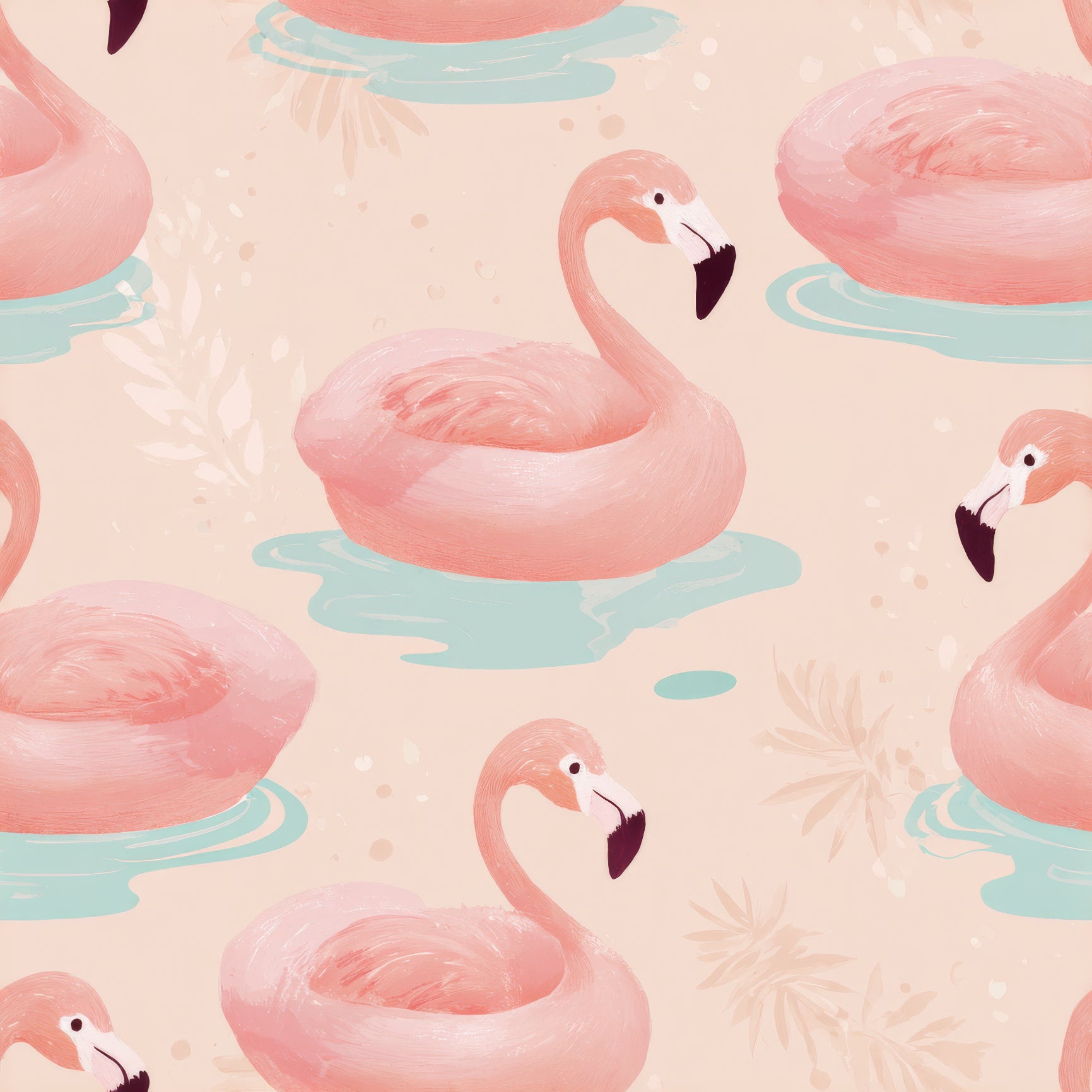 Patterned coral flamingo wallpaper with tropical foliage accents.
