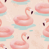 Patterned coral flamingo wallpaper with tropical foliage accents.