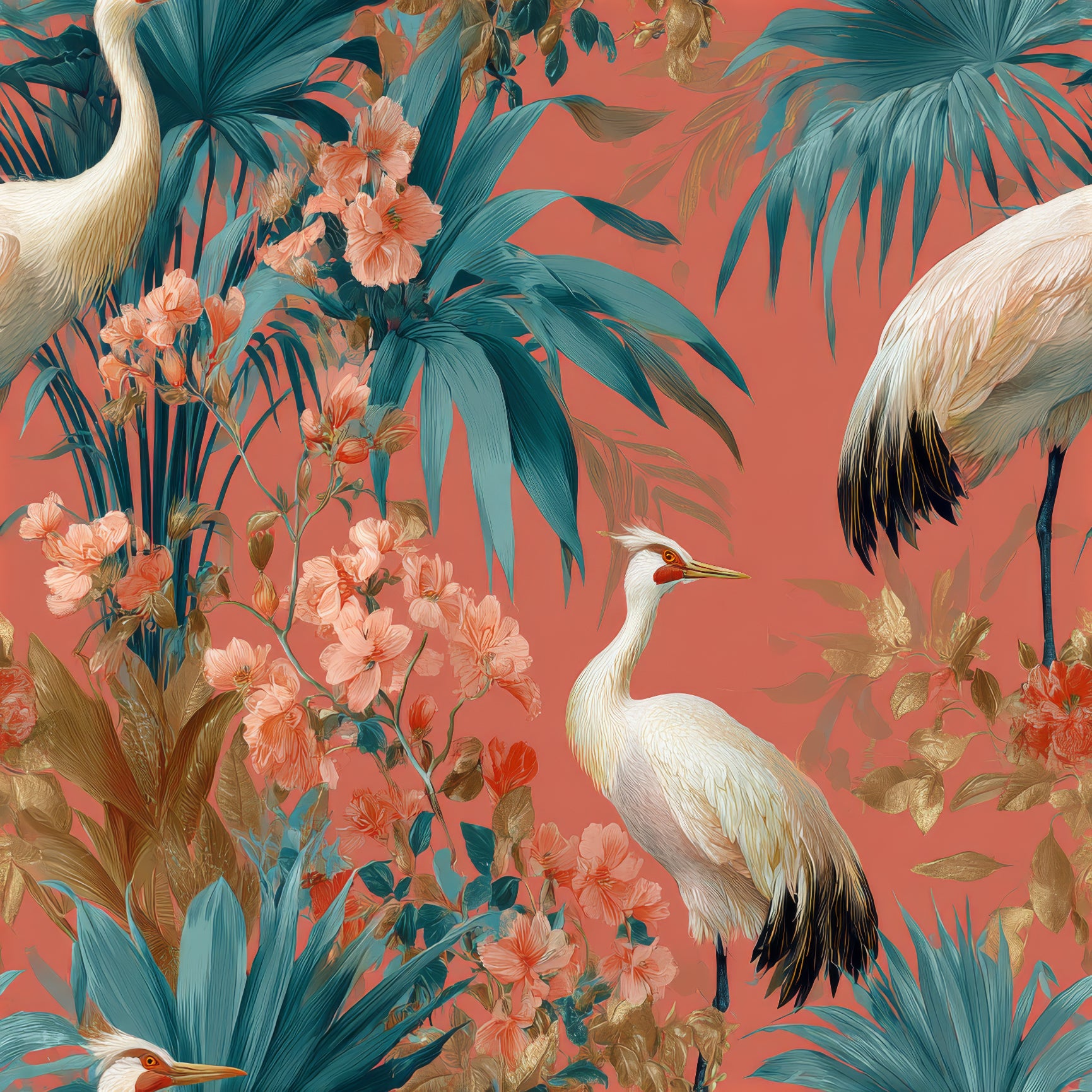 Coral wallpaper with cranes and peach-colored flowers, with teal and gold tropical foliage.