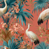 Coral wallpaper with cranes and peach-colored flowers, with teal and gold tropical foliage.