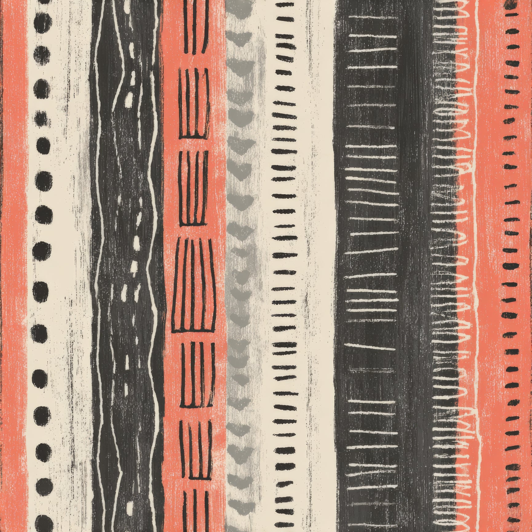 Coral Ledger Wallpaper with vertical stripes of abstract geometric patterns.