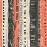 Coral Ledger Wallpaper with vertical stripes of abstract geometric patterns.