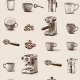 Coffee-themed Cortado Atelier Wallpaper featuring hand-drawn cups, beans, and coffee makers in a seamless pattern.