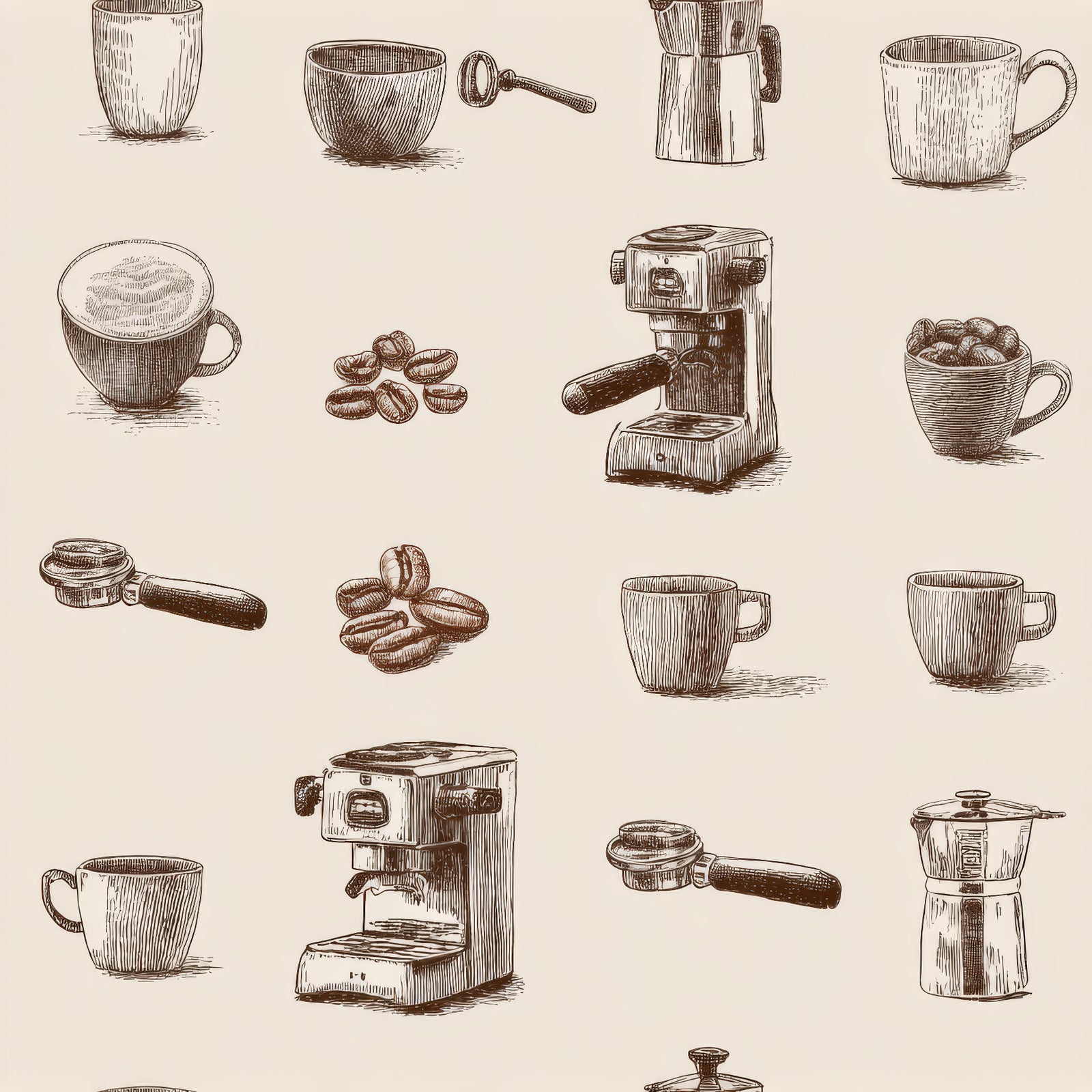 Coffee-themed Cortado Atelier Wallpaper featuring hand-drawn cups, beans, and coffee makers in a seamless pattern.
